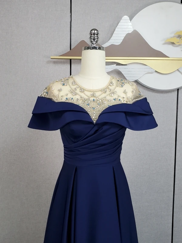 Vintage / Retro Navy Blue Beading Sequins Rhinestone Prom Dresses 2024 A-Line / Princess Scoop Neck Short Sleeve Sweep Train Prom Formal Dresses