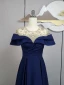 Vintage / Retro Navy Blue Beading Sequins Rhinestone Prom Dresses 2024 A-Line / Princess Scoop Neck Short Sleeve Sweep Train Prom Formal Dresses