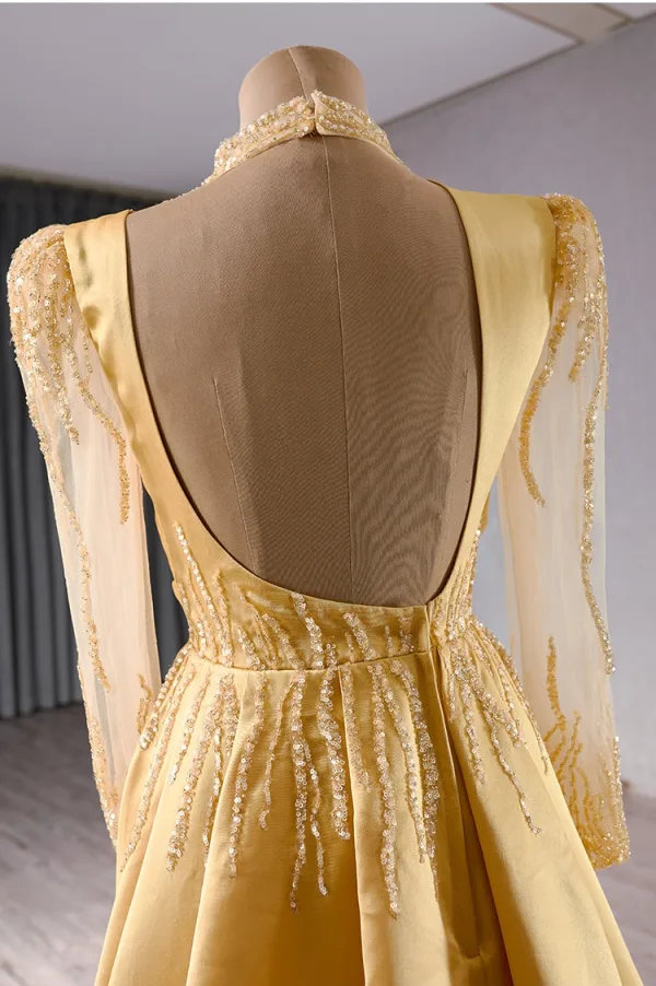High-end Vintage / Retro Gold Sequins Trumpet / Mermaid Prom Dresses 2024 High Neck Long Sleeve Backless Sweep Train Prom Formal Dresses