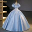 Elegant Sky Blue Satin Beading Pearl Lace Flower Prom Dresses 2023 Ball Gown Square Neckline Puffy Short Sleeve Bow Backless Floor-Length / Long