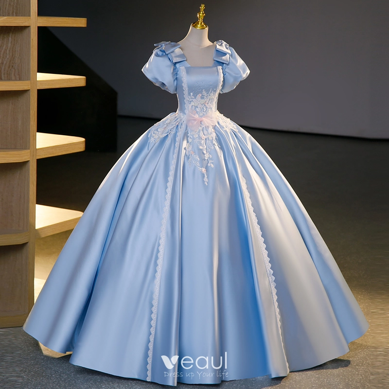 Blue Satin Beading Square Neck A Line Puffy Sleeve Prom Dress Blue Satin Beading Square Neck A Line Puffy Sleeve Prom Dress