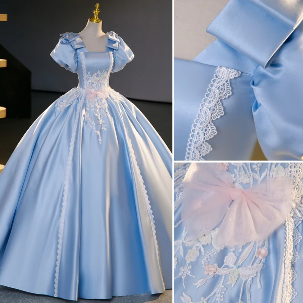 Elegant Sky Blue Satin Beading Pearl Lace Flower Prom Dresses 2023 Ball Gown Square Neckline Puffy Short Sleeve Bow Backless Floor-Length / Long