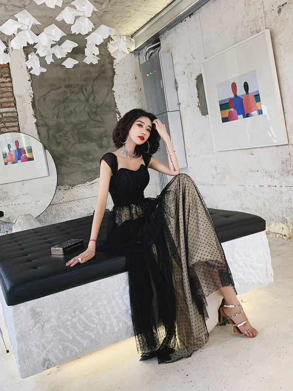 Chic / Beautiful Black Spotted Prom Dresses 2022 A-Line / Princess Square Neckline Sleeveless Backless Floor-Length / Long Prom Formal Dresses