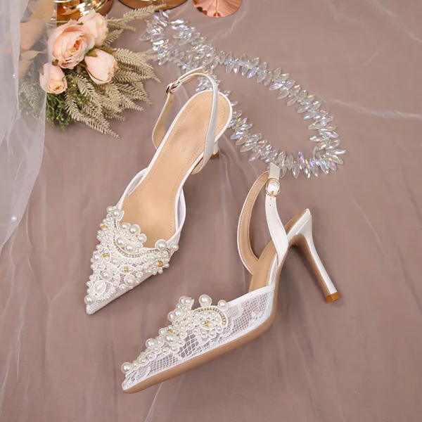 Charming White Lace Flower Rhinestone Pearl Wedding Shoes 2023 8 cm Stiletto Heels Pointed Toe Wedding Sandals High Heels