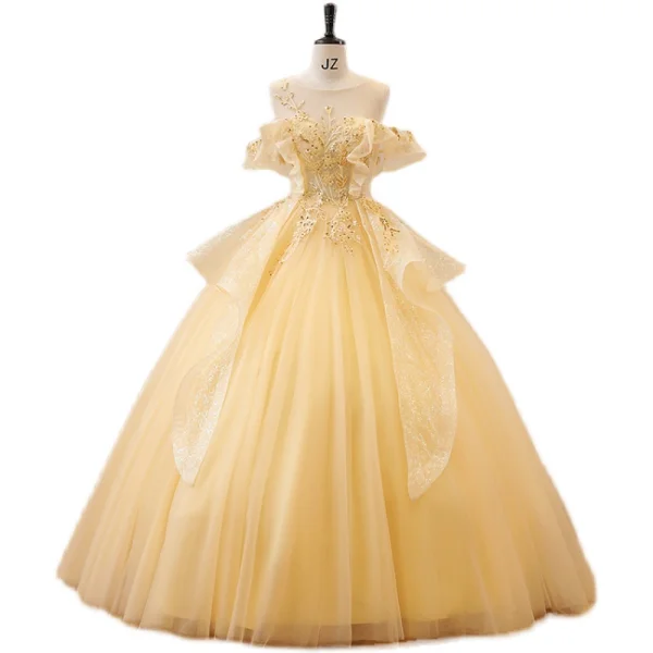 Chic / Beautiful Yellow Lace Pearl Sequins Prom Dresses 2022 Ball Gown Scoop Neck Short Sleeve Backless Floor-Length / Long Prom Formal Dresses