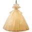 Chic / Beautiful Yellow Lace Pearl Sequins Prom Dresses 2022 Ball Gown Scoop Neck Short Sleeve Backless Floor-Length / Long Prom Formal Dresses