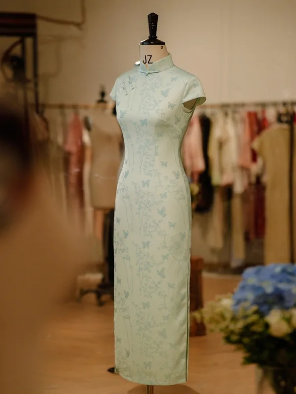 Chinese style Sage Green Printing Tea-length Cheongsam 2026 Trumpet / Mermaid High Neck Cap Sleeves
