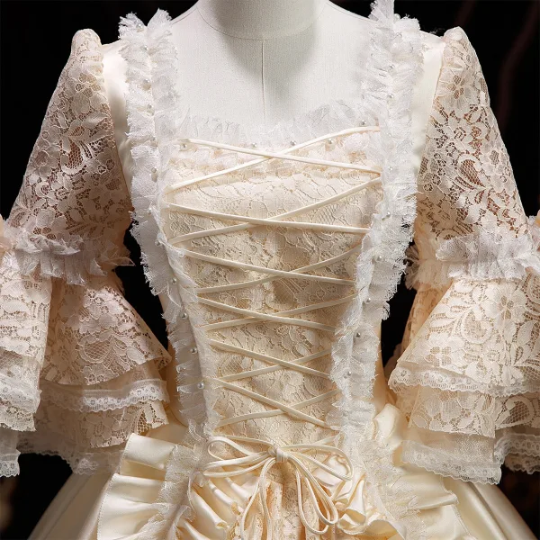 Medieval Vintage / Retro Champagne Lace Flower Ruffle Prom Dresses 2025 Ball Gown Square Neckline Bell sleeves Floor-Length / Long Prom Formal Dresses