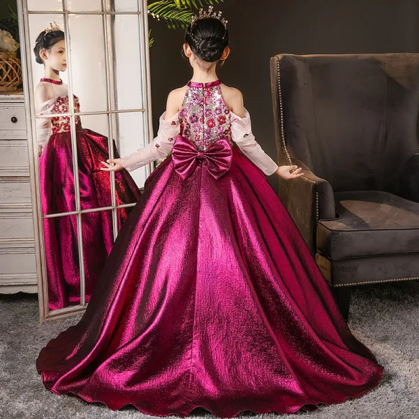 Chic / Beautiful Fuchsia Sequins Bow Birthday Flower Girl Dresses 2025 Ball Gown High Neck Sweep Train Long Sleeve