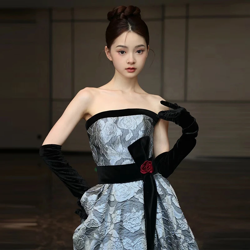 Audrey Hepburn Style Ocean Blue Printing Split Front Prom Dresses 2024 A-Line Princess