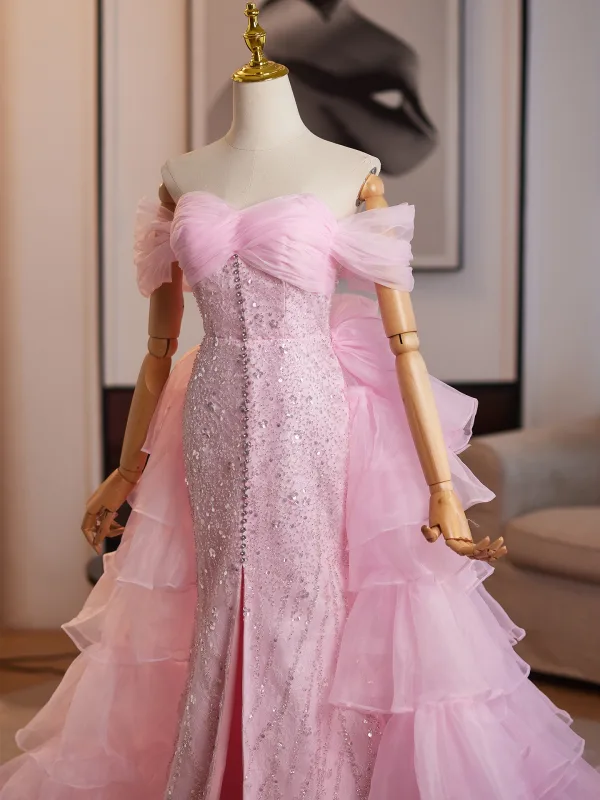 Luxus / Herrlich Pink Handgefertigt Perlenstickerei Pailletten Fallende Rüsche Ballkleider 2025 Meerjungfrau Off Shoulder Ärmellos Rückenfreies Sweep / Pinsel Zug Festliche Kleider