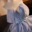 Fashion Sky Blue Pearl Sequins Lace Flower Cascading Ruffles Prom Dresses 2023 Ball Gown Strapless Sleeveless Backless Court Train Prom Formal Dresses