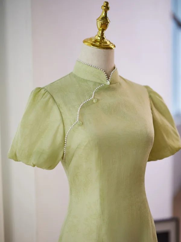 Chinese style Sage Green Knee-Length Cheongsam 2024 Trumpet / Mermaid High Neck Short Sleeve