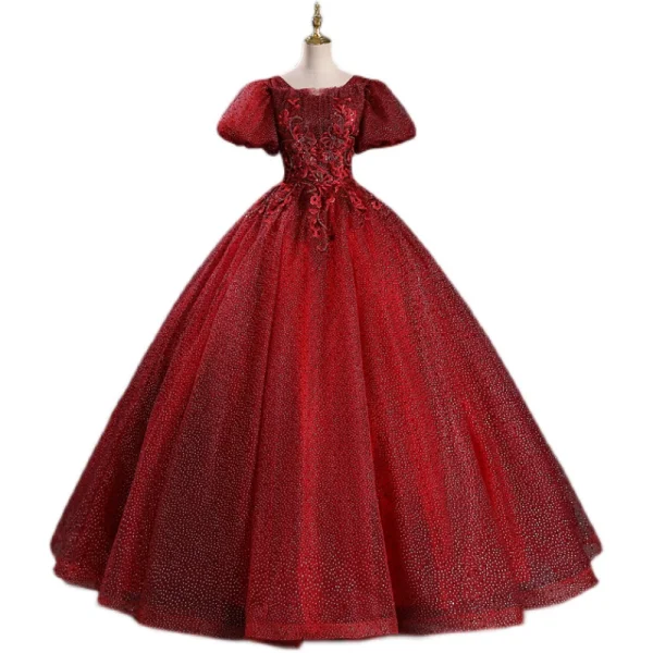 Bling Bling Burgundy Sequins Lace Flower Prom Dresses 2023 Square Neckline Puffy Short Sleeve Backless Floor-Length / Long Prom Formal Dresses
