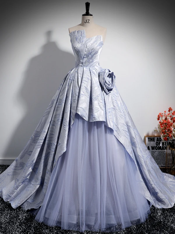 Elegant Lavender Cascading Ruffles Satin Prom Dresses 2024 Ball Gown Off-The-Shoulder Short Sleeve Backless Sweep Train Prom Formal Dresses