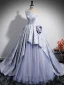 Elegant Lavender Cascading Ruffles Satin Prom Dresses 2024 Ball Gown Off-The-Shoulder Short Sleeve Backless Sweep Train Prom Formal Dresses