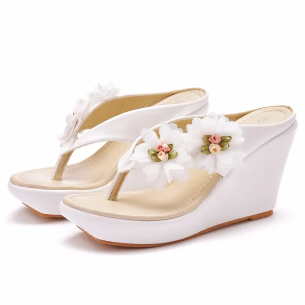 Fashion White Appliques Beach Outdoor / Garden Womens Sandals 2024 9 cm Wedges Open / Peep Toe Sandals