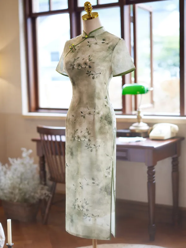 Chinese style Summer Sage Green Printing Floor-Length / Long Cheongsam 2024 Trumpet / Mermaid High Neck Short Sleeve