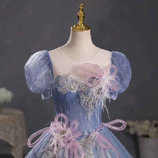 Chic / Beautiful Ocean Blue Sequins Pearl Lace Flower Prom Dresses 2023 Ball Gown Scoop Neck Puffy Short Sleeve Tassel Backless Floor-Length / Long Prom Formal Dresses