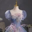 Chic / Beautiful Ocean Blue Sequins Pearl Lace Flower Prom Dresses 2023 Ball Gown Scoop Neck Puffy Short Sleeve Tassel Backless Floor-Length / Long Prom Formal Dresses