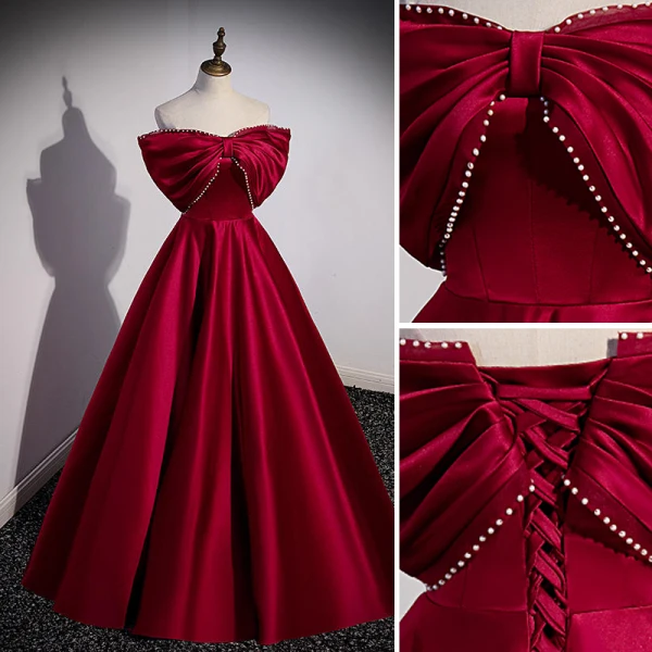 Elegant Burgundy Prom Dresses 2022 Ball Gown Off-The-Shoulder Bow Pearl Sleeveless Backless Floor-Length / Long Satin Prom Formal Dresses
