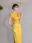 Vintage / Retro Chinese style Gold Lace Flower Split Front Cheongsam 2025 Trumpet / Mermaid High Neck Short Sleeve Floor-Length / Long Evening Party Cheongsam / Qipao