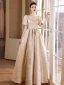 Chic / Beautiful Champagne Pearl Appliques Glitter Prom Dresses 2024 A-Line / Princess Square Neckline Puffy Short Sleeve Backless Floor-Length / Long Prom Formal Dresses