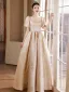 Élégant Champagne Paillettes Robe De Bal 2024 Princesse Encolure Carrée Manches Courtes Dos Nu Longue Promo Robe De Ceremonie