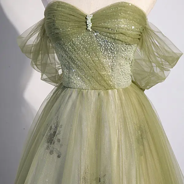 Charming Sage Green Beading Pearl Sequins Prom Dresses 2022 A-Line / Princess Off-The-Shoulder Short Sleeve Backless Prom Floor-Length / Long Formal Dresses