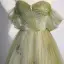 Charming Sage Green Beading Pearl Sequins Prom Dresses 2022 A-Line / Princess Off-The-Shoulder Short Sleeve Backless Prom Floor-Length / Long Formal Dresses