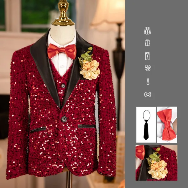 Bling Bling Rouge Paillettes 6 pièces Manches Longues Costume Garçon Mariage 2024 Bijoux De Corps Manteau Pantalon Chemise Cravate Gilet