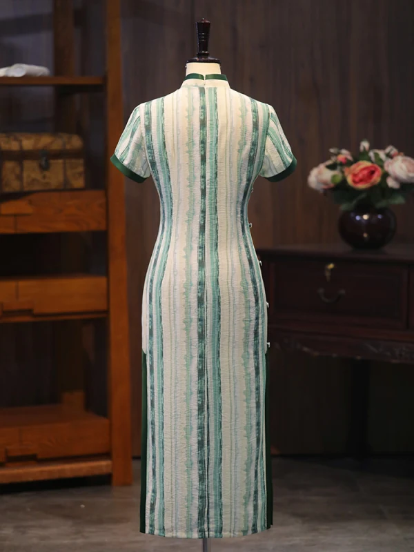 Vintage / Retro Dark Green Street Wear Tea-length Cheongsam 2024 Trumpet / Mermaid High Neck Short Sleeve