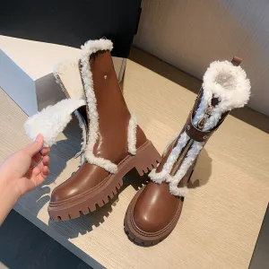 Comfortabel Bruin Winter Straatkleding Dames Laarzen 2024 Leer 5 Cm Blokhak Ronde Neus Laarzen
