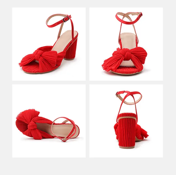 Sexy Blanche Été Vêtement de rue Sandales Femme 2023 Bride Cheville Noeud 8 cm Talons Épais Peep Toes / Bout Ouvert Sandales Talons Hauts
