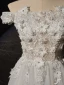 Chic / Beautiful White Pearl Rhinestone Lace Flower Wedding Dresses 2024 A-Line / Princess Off-The-Shoulder Short Sleeve Backless Sweep Train Wedding