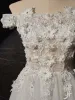 Chic / Beautiful White Pearl Rhinestone Lace Flower Wedding Dresses 2024 A-Line / Princess Off-The-Shoulder Short Sleeve Backless Sweep Train Wedding