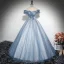 Élégant Bleu Ciel Perlage Paillettes En Dentelle Fleur Robe De Bal 2025 De l'épaule Manches Courtes Dos Nu Longue Robe De Ceremonie