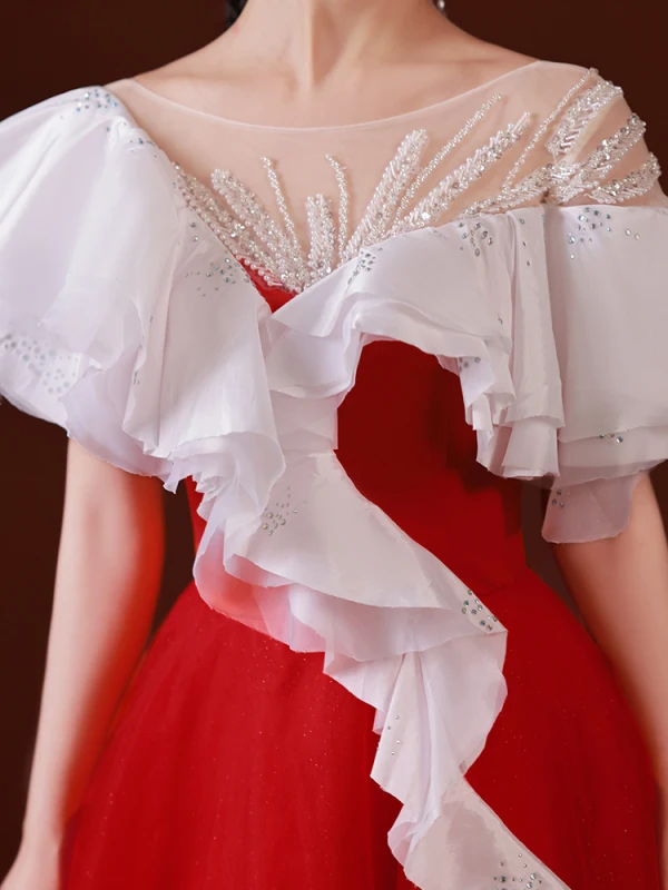 High-end Chinese style Red Prom Dresses 2022 A-Line / Princess Scoop Neck Beading Pearl Rhinestone Short Sleeve Backless Sweep Train Formal Dresses