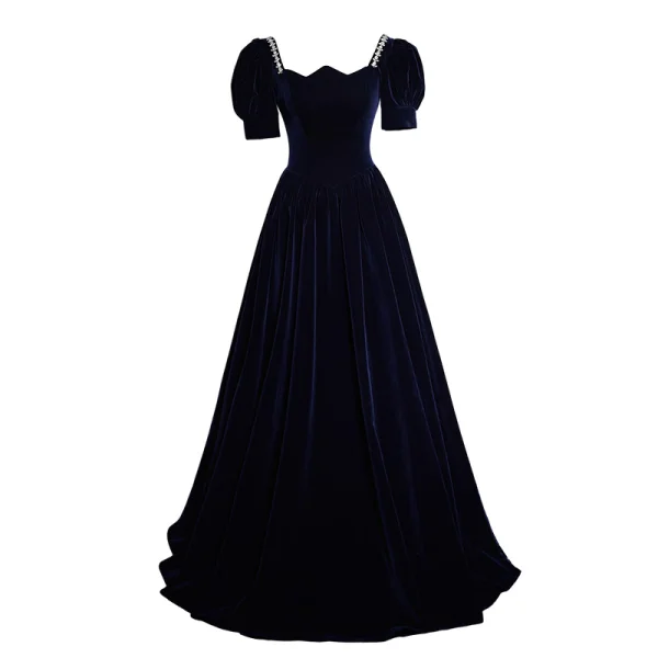 Vintage / Retro Navy Blue Rhinestone Velvet Prom Dresses 2023 A-Line / Princess Square Neckline Short Sleeve Backless Floor-Length / Long Prom Formal Dresses