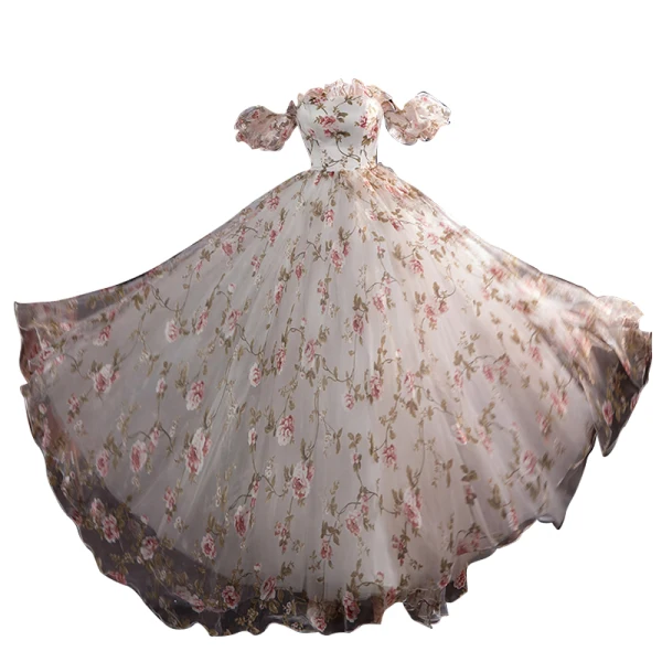 Flower Fairy White Floral Prom Dresses 2023 A-Line / Princess Off-The-Shoulder Short Sleeve Backless Floor-Length / Long Prom Formal Dresses