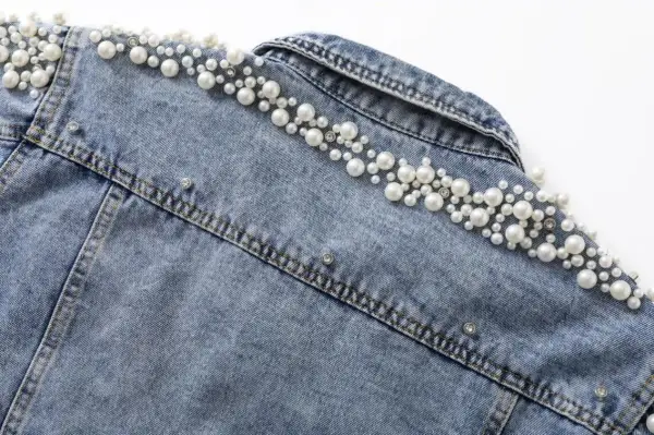 Women Beading Rhinestone Pearl Denim Sky Blue Coats & Jackets Cotton Loose Lapel Street Wear Fall Winter Long Sleeve Tops