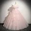 Chic / Beautiful Blushing Pink Beading Appliques Prom Dresses 2025 Ball Gown Off-The-Shoulder Short Sleeve Backless Floor-Length / Long Prom Formal Dresses