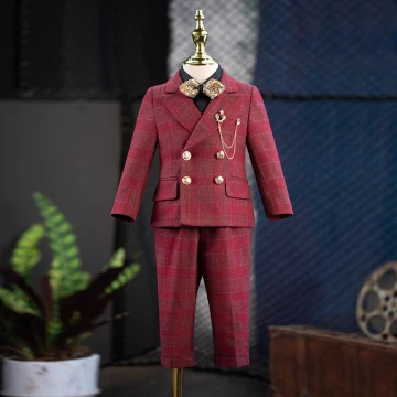 Burgundy 5 Piece Plaid Long Sleeve Boys Wedding Suits 2022 Body Jewellery Coat Pants Shirt Tie Wedding