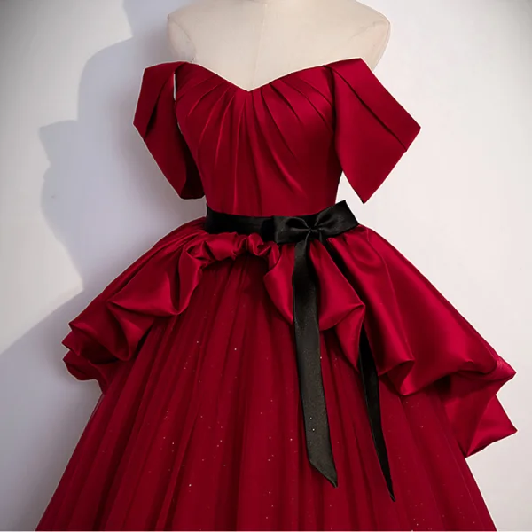 Chic / Beautiful Burgundy Prom Dresses 2023 A-Line / Princess Strapless Sleeveless Backless Bow Sash Floor-Length / Long Evening Party Formal Dresses