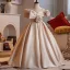 Elegant Champagne Pearl Flower Birthday Flower Girl Dresses 2025 Ball Gown Scoop Neck Short Sleeve Backless Floor-Length / Long