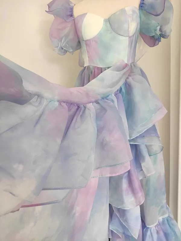 Chic / Beautiful Multi-Colors Prom Dresses Backless 2023 A-Line / Princess Square Neckline Short Sleeve Floor-Length / Long Prom Formal Dresses