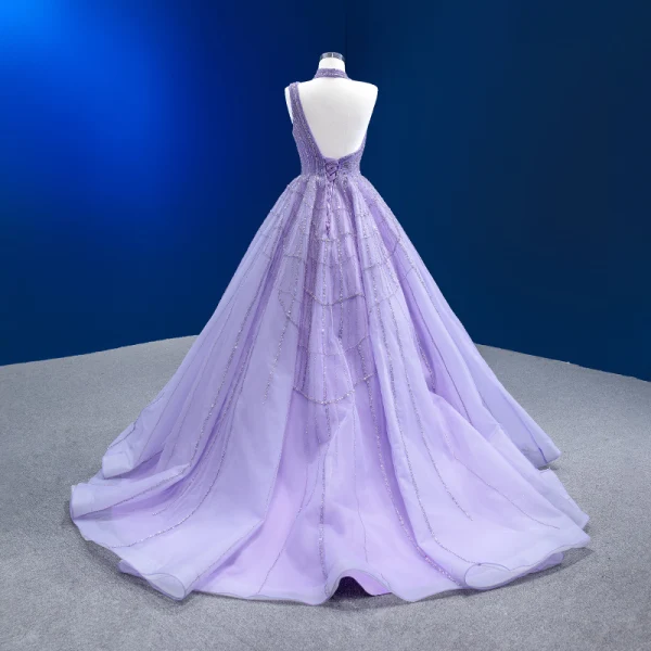 High End Charmant Lavendel Handgefertigt Perlenstickerei Pailletten Ballkleider 2023 Ballkleid Neckholder Ärmellos Rückenfreies Hof-Schleppe Ball Festliche Kleider