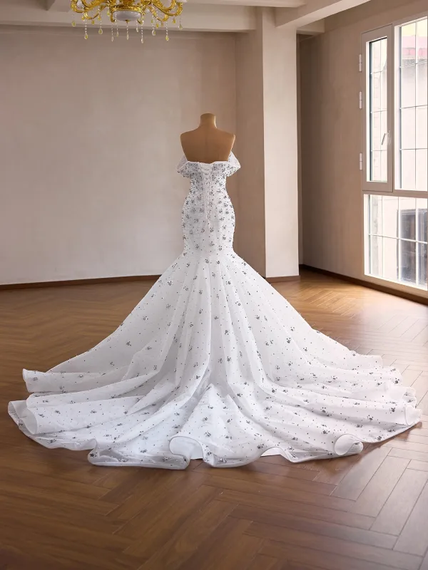 High End Weiß Handgefertigt Perle Strass Brautkleider / Hochzeitskleider 2026 Ballkleid Off Shoulder Kurze Ärmel Rückenfreies Kapelle-Schleppe
