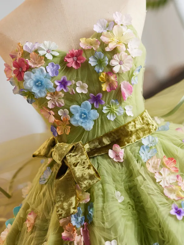 Flower Fairy Sage Green Multi-Colors Appliques Prom Dresses 2025 Ball Gown Strapless Sleeveless Backless Sweep Train Formal Dresses