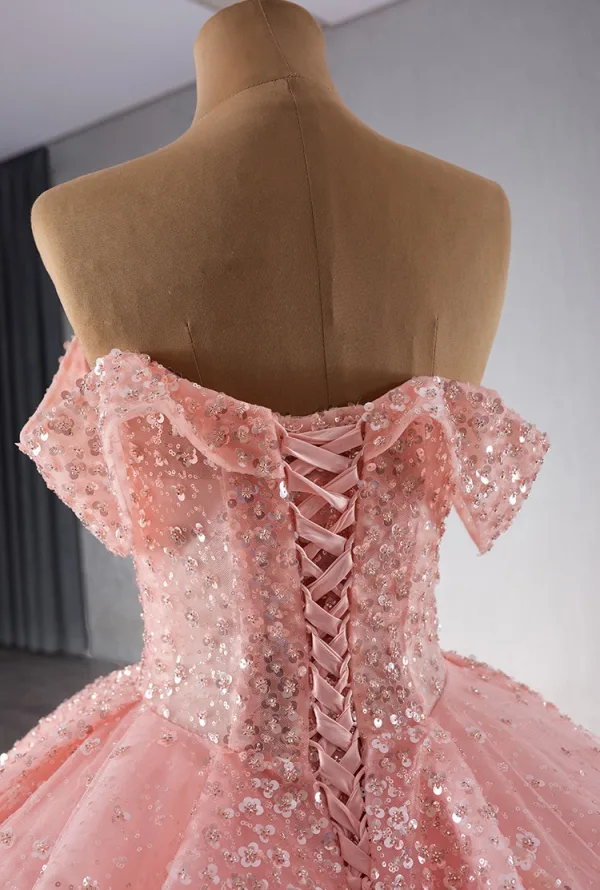 High End Schön Rosa Handgefertigt Perlenstickerei Pailletten Ballkleider 2024 Ballkleid Bandeau Ärmellos Rückenfreies Kapelle-Schleppe Ball Festliche Kleider